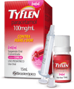 Tyflen Suspensão Oral 100mg/mL, caixa com 1 frasco com 15mL de suspensão de uso oral + 1 seringa dosadora