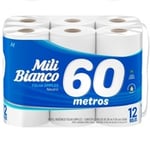 Papel Higiênico Mili Bianco neutro, folha simples, 12 unidades com 60m cada