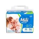 Fralda Mili Ultra Seca M, pacote giga com 96 unidades