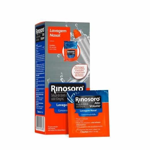 Imagem de Rinosoro Alto Volume caixa com 30 sachês com 2,16g de pó para solução nasal + 1 frasco aplicador de 240mL