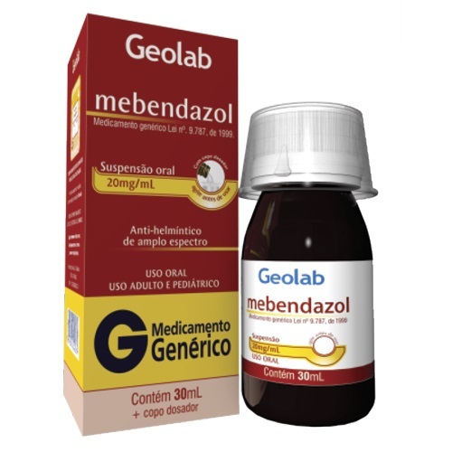 Imagem de Mebendazol Suspensão Oral Geolab 20mg/mL, caixa com 1 frasco com 30mL de suspensão de uso oral + copo medidor