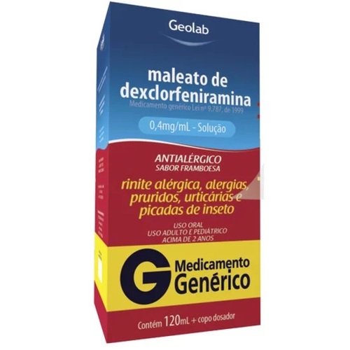 Imagem de Maleato de Dexclorfeniramina Geolab 0,4mg/mL, caixa com 60 frascos com 120mL de solução de uso oral + 60 copos medidores (embalagem hospitalar)