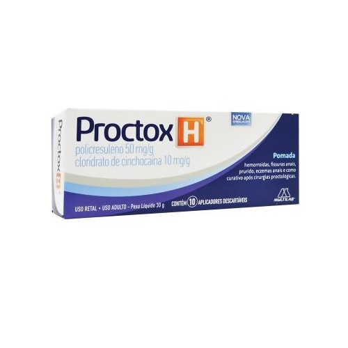 Proctox-H 50mg/g + 10mg/g, caixa com 1 bisnaga com 20g de pomada de uso retal + 6 aplicadores