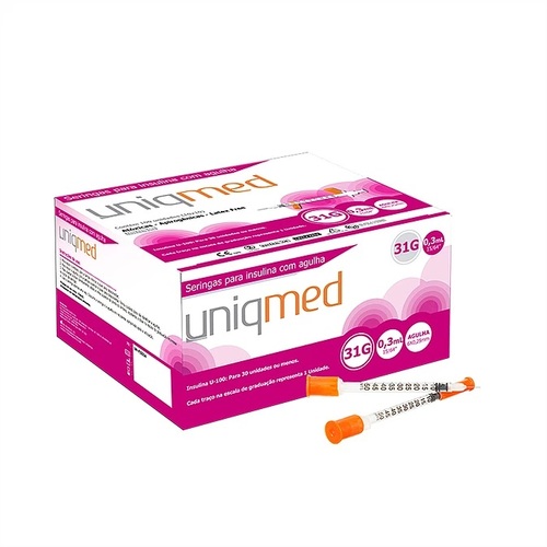 Seringa de Insulina Uniqmed 31G, com agulha 6mm x 0,25mm, 10 unidades com capacidade de 0,3mL cada