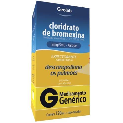 Imagem de Cloridrato de Bromexina Geolab 1,6mg/mL, caixa com 1 frasco com 120mL de xarope adulto + 1 copo medidor