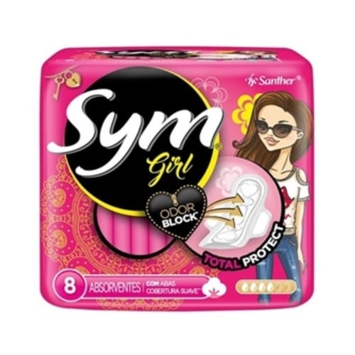 Imagem de Absorvente Sym Girl suave, com abas, 8 unidades