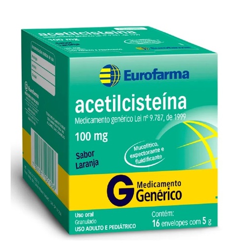 Imagem de Acetilcisteína Eurofarma 100mg/g, caixa com 16 envelopes com 5g de granulado de uso oral, sabor laranja