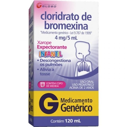 Imagem de Cloridrato de Bromexina Laboratório Globo 4mg/5mL, caixa com 1 frasco com 120mL de xarope infantil + copo medidor