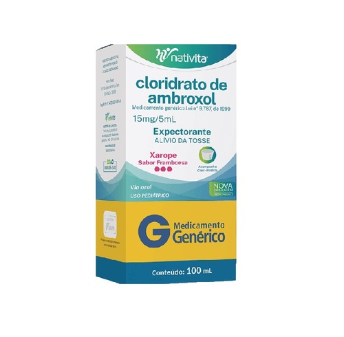 Imagem de Cloridrato de Ambroxol Nativita Farmacêutica 15mg/5mL, caixa com 1 frasco com 100mL de xarope infantil