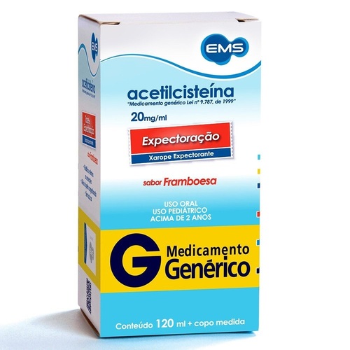 Imagem de Acetilcisteína EMS 20mg/mL, caixa com 1 frasco com 120mL de xarope infantil + copo medidor, sabor framboesa