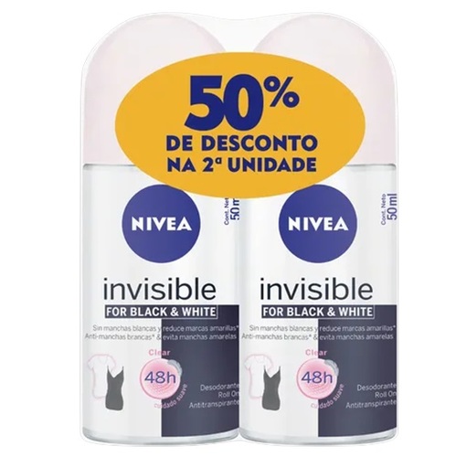 Imagem de Desodorante Antitranspirante Feminino Nivea Invisible Black & White Clear roll-on, 2 unidades com 50mL cada