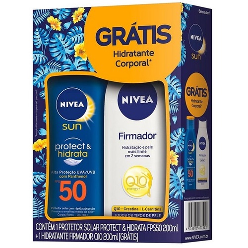 protetor solar facial e corporal protect & hidrata, FPS 50, 1 unidade com 200mL + hidratante firmador corporal Q10 energy+, 1 unidade com 200mL