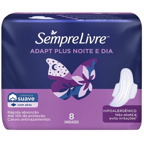 Imagem de Absorvente Sempre Livre Adapt Plus Noite e Dia com abas, suave, pacote com 8 unidades