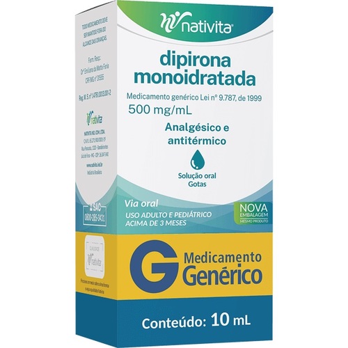 Imagem de Dipirona Monoidratada Nativita Farmacêutica 500mg/mL, caixa com 1 frasco gotejador com 10mL de solução de uso oral