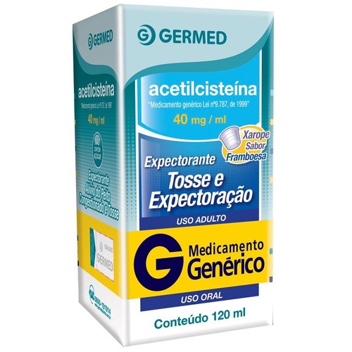 Imagem de Acetilcisteína Germed Pharma 40mg/mL, caixa com 1 frasco com 120mL de xarope adulto + copo medidor, sabor framboesa