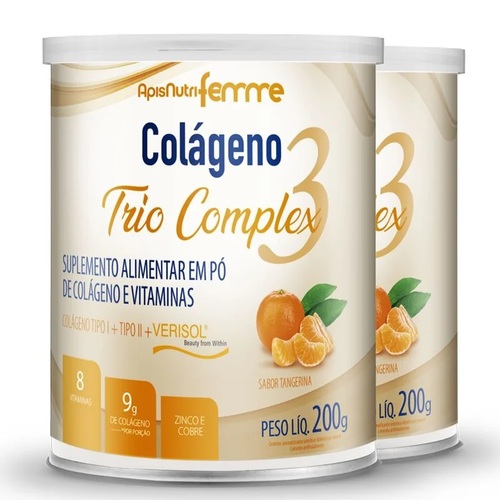 Imagem de Kit Colágeno Trio Complex Apisnutri 2 potes com 200g de pó para solução de uso oral cada, sabor tangerina