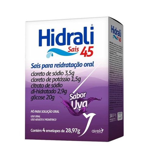 Imagem de Hidrali 45 3,5g + 1,5g + 2,9g + 20g, caixa com 4 envelopes com 28,97g de pó para solução de uso oral, sabor uva