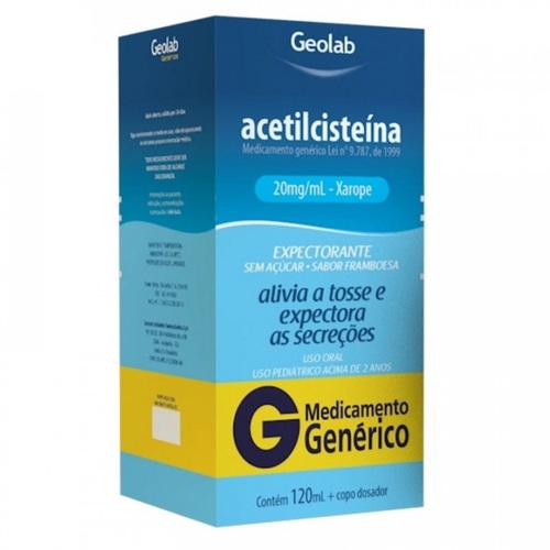 Imagem de Acetilcisteína Geolab 20mg/mL, caixa com 1 frasco com 120mL de xarope infantil + copo medidor