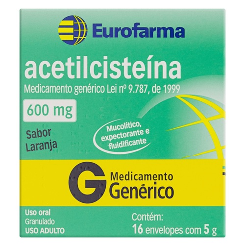 Imagem de Acetilcisteína Eurofarma 600mg/g, caixa com 16 envelopes com 5g de granulado de uso oral, sabor laranja