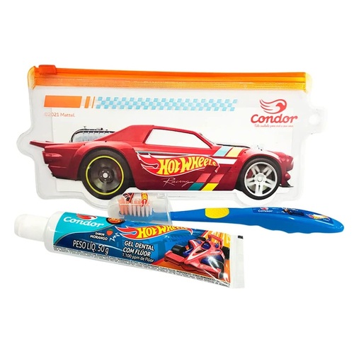 Imagem de Kit Dental Infantil Condor Hot Wheels escova macia + gel, com flúor, morango com 50g + nécessaire + capa protetora