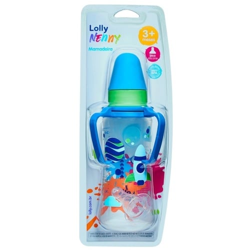 Imagem de Mamadeira Lolly Nenny 3+ meses, com alça, azul com capacidade de 250mL