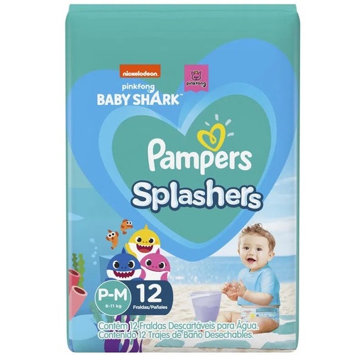 Imagem de Fralda Descartável para Água Pampers Splashers Baby Shark P/M, pacote com 12 unidades