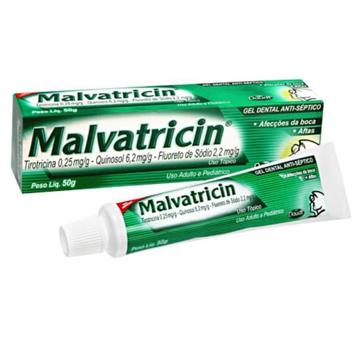 Imagem de Malvatricin Gel Dental 0,25mg + 6,2mg + 2,2mg, caixa com 1 bisnaga com 50g de gel de uso bucal