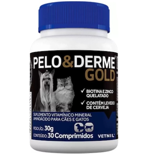 Imagem de Pelo & Derme Gold Vetnil para Cães e Gatos frasco com 30 comprimidos