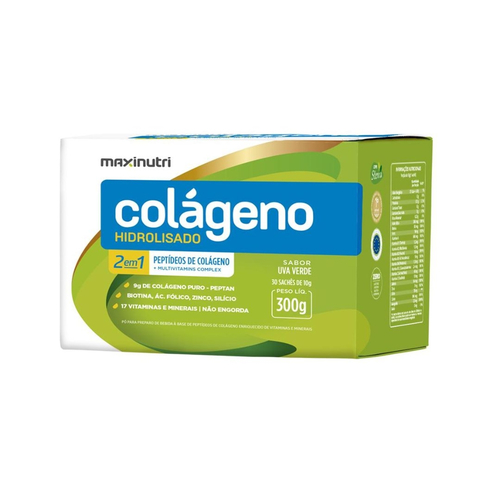 Imagem de Colágeno Hidrolisado 2 em 1 Maxinutri caixa com 30 sachês de 10g com pó para solução de uso oral cada, sabor uva verde